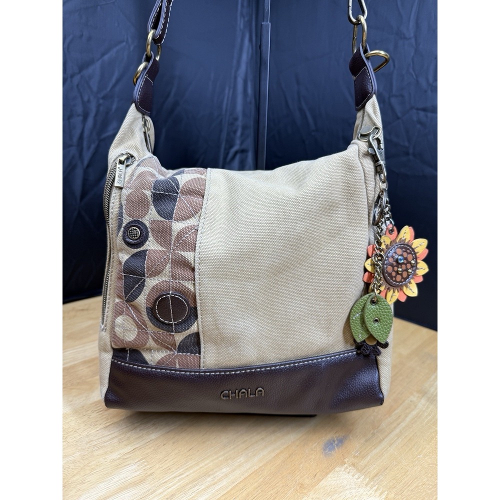 Chala Crossbody Tan Purse Canvas Messenger Bag + Sunflower Charm Medium Tote